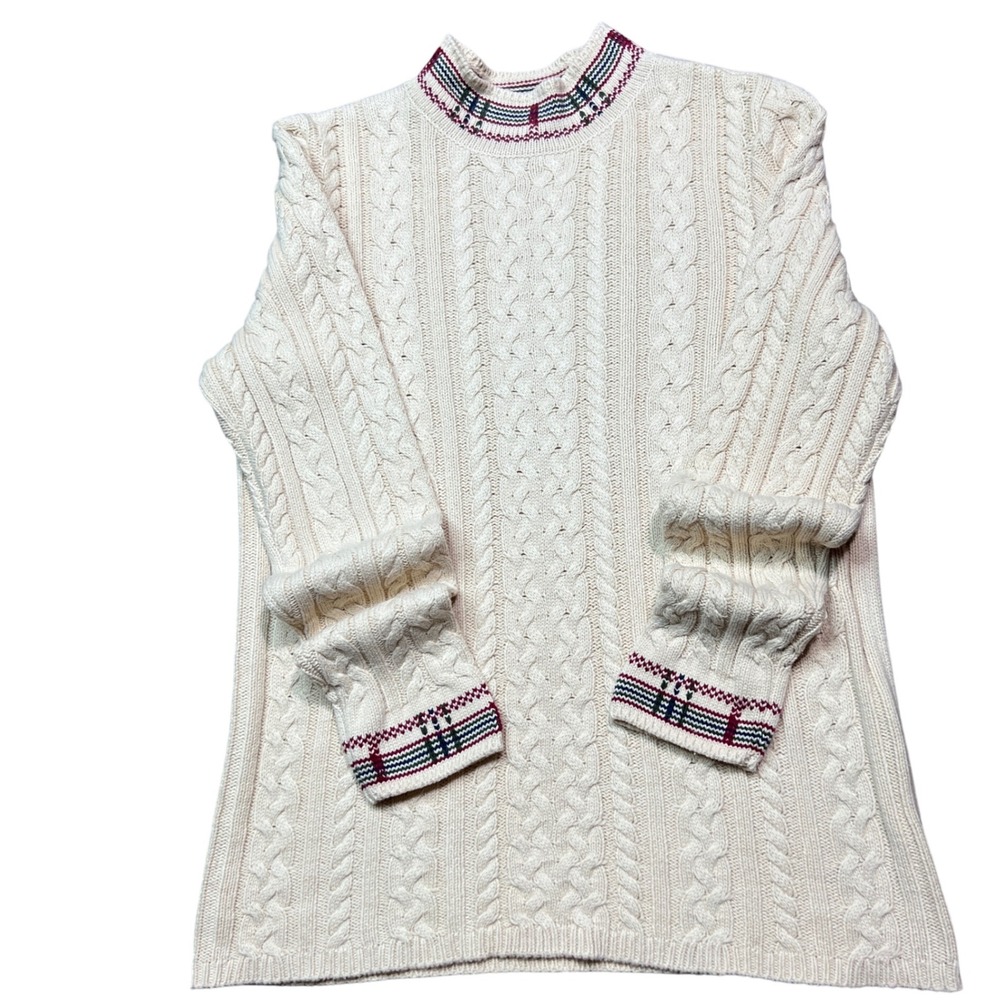Appleseed's‎ Cream Cable Knit Plaid Collar & Cuff Sweater Size S